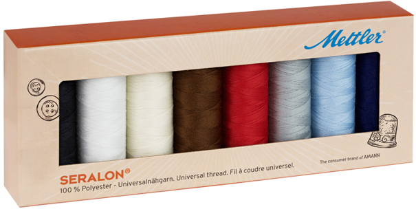 Universalnähgarn SERALON - Set mit 8 Spulen je 200 Meter. SERALON ist für alle Stoffe und Nähte einsetzbar.